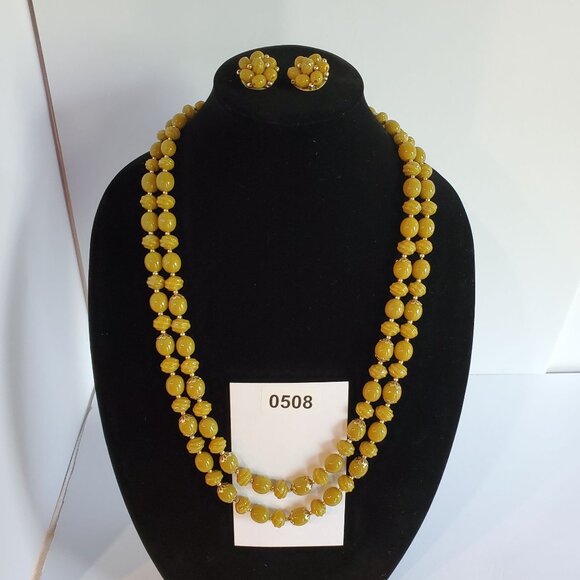 Vintage Beaded Two Layers Necklace and Earrings Set Yellow 27" Made in Hongkong - Picture 11 of 11